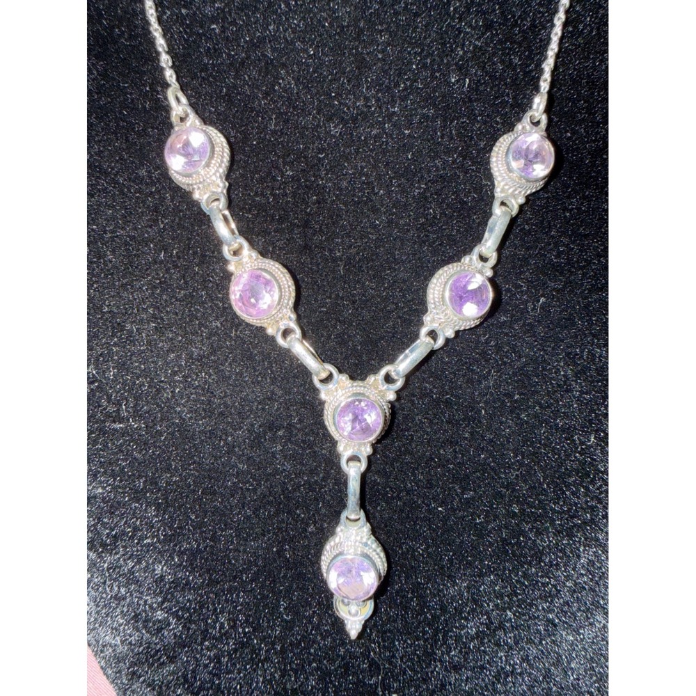 Vintage Sterling Silver Amethyst Y-Drop Necklace Bohemian Lavalier Purple Gem - Picture 2 of 8